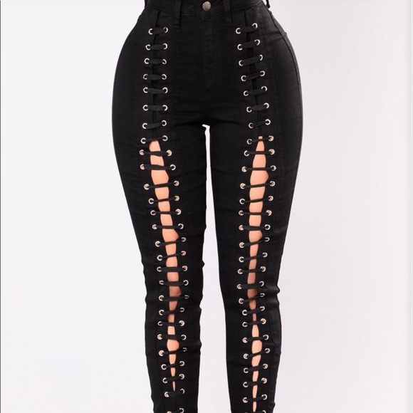 FashionNova high waisted lace up black jeans - Picture 3 of 6